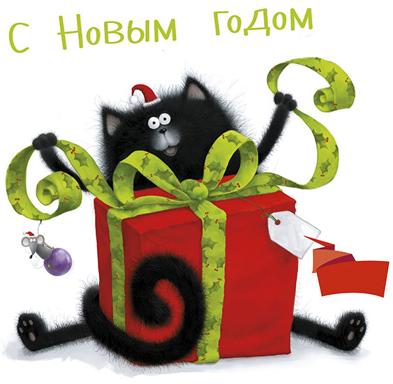 Черный кот распаковывает подарок